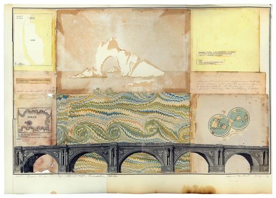 todd bartel Landscape Vernacular recto: burnished interlocking collage, 19th and 20th century book end-pages, dictionary definitions, 20th century map, 1880 Italian letter remnant, Xerographic print on 20th century book end-page (R. Dodd, engineer, Design for a Stonebridge, 1799, Plate III, “Report (1800) from the Select Committee Upon the Improvement of the Port of London,” proposal for the refurbishment of the London Bridge), Xerographic transfers, watercolor, graphite