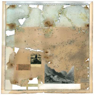 todd bartel Landscape Vernacular burnished interlocking collage, recto: W. H. Bartlet’s 1838 engraving (The Willey House), Xerographic transfers, digitally interpreted reproduction of Caspar David Friedrich’s “Wanderer Above the Sea of Fog,” 19th & 20th-century endpapers, weathered construction paper with staple-rust, map graticules, pencil