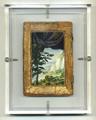 todd bartel Real Landscapes burnished, interlocking collage, using auction house catalogs, with archival tape, in artist-designed Plexiglass frame.