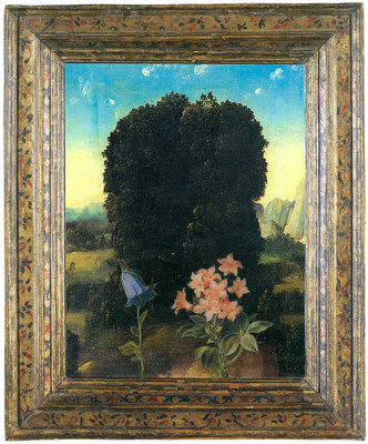 todd bartel Real Landscapes burnished, interlocking collage, using auction house catalogs and burnished inkjet print (of Photoshop manipulated “The Rest on the Flight into Egypt,” Circle of Joachim Patinier, ca 1485-1524), with archival tape