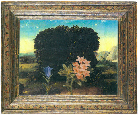 todd bartel Real Landscapes burnished, interlocking collage, using auction house catalogs and burnished inkjet print (of Photoshop manipulated “The Rest on the Flight into Egypt,” Circle of Joachim Patinier, ca 1485-1524), with archival tape