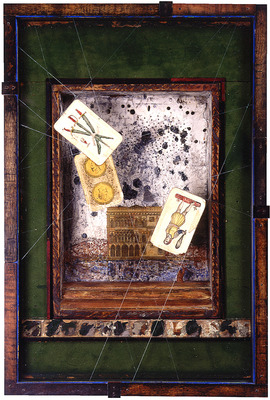 todd bartel Salvages sealing  wax, ball bearings, bookplate, and watercolor on Italian letter (c.1880), constructed wood box, discarded wood, glass and Italian playing cards (that fell from the sky—thrown by children—during a trip to a Sicilian antique store in search of Italian playing cards)