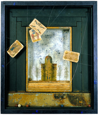 todd bartel Salvages bookplate, acrylic, charcoal and watercolor on Italian letter (c.1880), gesso and watercolor over lead toy trees, tempera and casein on constructed wood box, discarded wood, museum glass, antique clay marbles, and  Italian playing cards (that fell from the sky—thrown by children—during a trip to a Sicilian antique store in search of Italian playing cards)