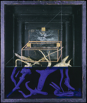 todd bartel Salvages tempera and casein on constructed wood box; casein over roots and branches, unearthed from a dried-up reservoir, Stamford, CT; discarded landscape painting on ceramic tile (signed verso); and mustard seeds between layers of glass with French pot glass.