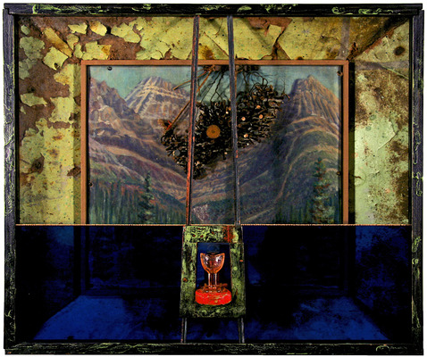 todd bartel Salvages tempera and casein on constructed wood box; fire ravaged Masonite from the burned ruins (2001) of Paul Molinelli’s home in Vermont; rusted nails hammered into glacier area of discarded landscape painting (signed front); mustard seeds between layers of glass; eye wash cup, and mercury, glass globe.