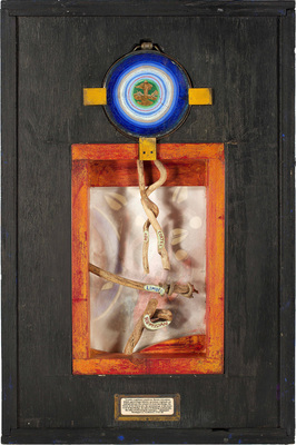 todd bartel Salvages verso: tempera and casein on constructed wood box, oil on linen—framed by embroidery hoops (image adapted from Giovanni di Paolo’s “Expulsion from Paradise”), gesso and watercolor on vines, and text reprinted from Alexander Baumgarten’s, “Aesthetica” in brass frame