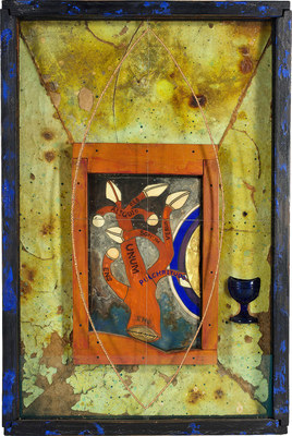 todd bartel Salvages recto: tempera and casein on constructed wood box with Masonite from the burned ruins of Paul Molinelli’s home in Vermont, hand ground paints and gold leaf on parchment—calf skin vellum taken from the area near the right side of the pelvis (parchment imagery adapted from Primo Maestro’s, La Porta Bronzea Di San Zeno, bronze door bas-relief, ”Sacrificio di Isacco,” Verona, Italy, painted between 1995 -2001), and blue glass eye wash cup; verso: tempera and casein on constructed wood box, oil on linen—framed by embroidery hoops (image adapted from Giovanni di Paolo’s “Expulsion from Paradise”), gesso and watercolor on vines, and text reprinted from Alexander Baumgarten’s, “Aesthetica” in brass frame