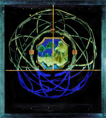 todd bartel Terra Reverentia constructed wood box, tempera, velvet, vines, oil on wood, gold leaf, vines, clay, glass, French pot glass, mustard seeds