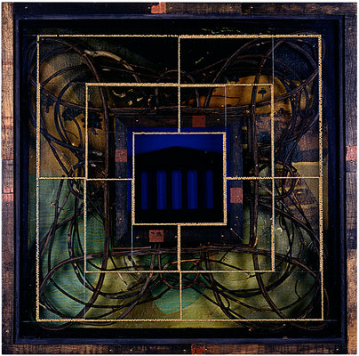 todd bartel Terra Reverentia constructed wood box, tempera, velvet, oil on linen, vines, clay, Greek temple bookend, glass, French pot glass, mustard seeds