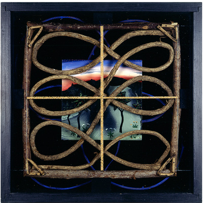 todd bartel Terra Reverentia constructed wood box, tempera, velvet, vines, oil on wood, gold leaf, branches, glass, mustard seeds