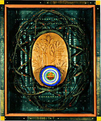 todd bartel Terra Reverentia constructed wood box, tempera, lead, mustard seeds, clay bas-relief, vines, glass, copper tape