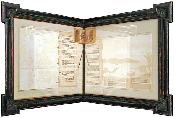 todd bartel Synterials two diptych puzzle-piece collages using 19th century paper and The Scarlet Letter remnants (Nathanial Hawthorne 2nd Edition, Riverside Press Cambridge MA 1878, Illustrated), with 20th Century matte and glossy paper, Filmoplast P90, pencil and lead letter type transfer, Arthur Dimmesdale’s collage (left side of frame) is translated from Ralph Albert Blakelock’s painting entitled, “The Spirit of Night,” 1889, Hester Prynne’s collage (right side of frame) is translated from Fredrick Edwin Church’s painting entitled, “Twilight Short Arbiter, Twixt Day and Night, 1850, mustard seeds, glass, etched glass, copper tape with patina, 19th century stereoview postcard (“View of Salem and Vicinity ”) archival matt, in handmade (“bent”) frame that turns 90º in order to reside in both sides of a room corner.