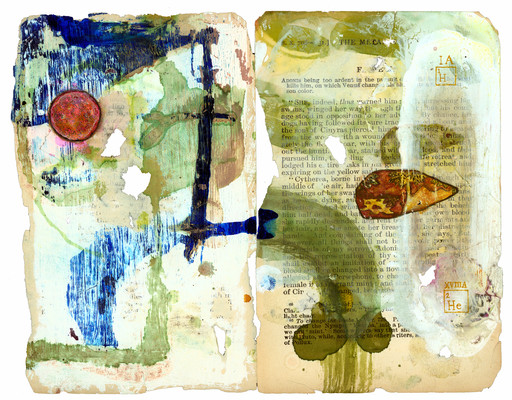 todd bartel Garden Studies ink, shoe polish, gesso, clay, Plaka varnish and watercolor on two pages from Ovid’s “Metamorphosis”