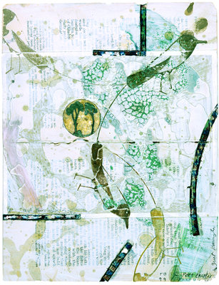 todd bartel Garden Studies Ink, gesso, water color, tempera and negative sticker remnants on two pages from Ovid’s “Metamorphosis”
