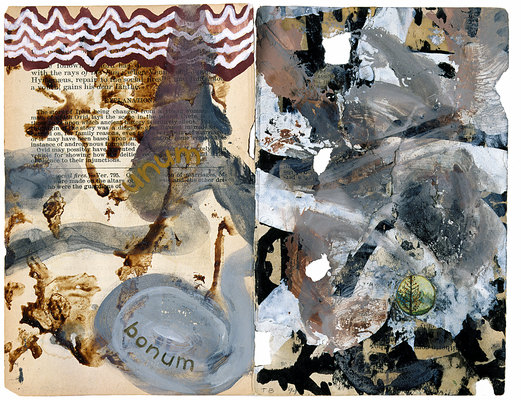todd bartel Garden Studies blood, ink, gesso, wax, acrylic, saliva and water color on two pages from Ovid’s Metamorphosis”
