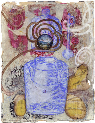 todd bartel Garden Studies ink, gesso, watercolor, tempera, with glue wash, and negative sticker remnants on two pages from Ovid’s “Metamorphosis”