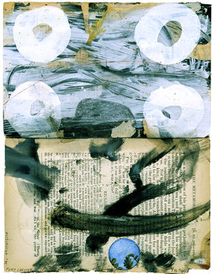 todd bartel Garden Studies ink, gesso, acrylic, tempera, saliva, shoe polish, pencil and watercolor on two pages from Ovid’s “Metamorphosis”