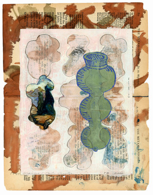 todd bartel Garden Studies ink, gesso, negative sticker remnants, carbon transfer, acrylic, and watercolor on two pages from Ovid’s Metamorphosis”