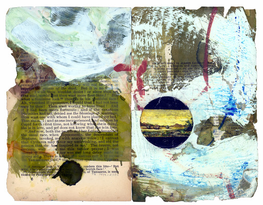 todd bartel Garden Studies ink, gesso, clay, wood glue, gouache and watercolor on two pages from Ovid’s “Metamorphosis”