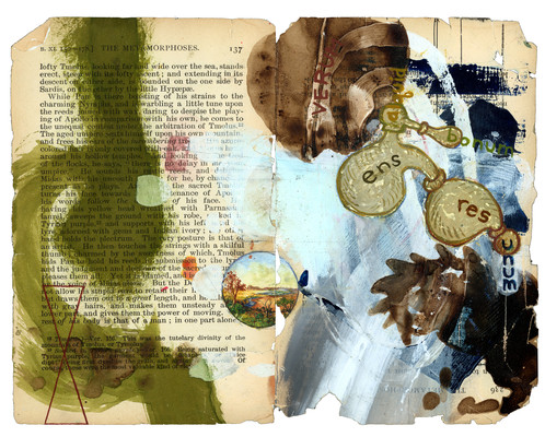 todd bartel Garden Studies ink, gesso, carbon paper transfer and watercolor on two pages from Ovid’s “Metamorphosis”