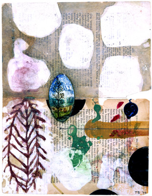 todd bartel Garden Studies ink, gesso, watercolor, tempera, shoe polish and pencil on two pages from Ovid’s “Metamorphosis”