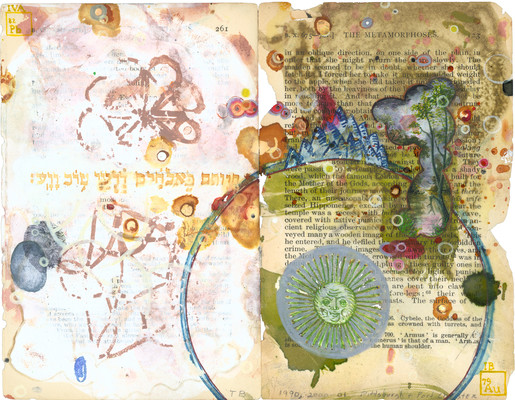 todd bartel Garden Studies ink, shoe polish, gesso, clay and watercolor on two pages from Ovid’s “Metamorphosis”