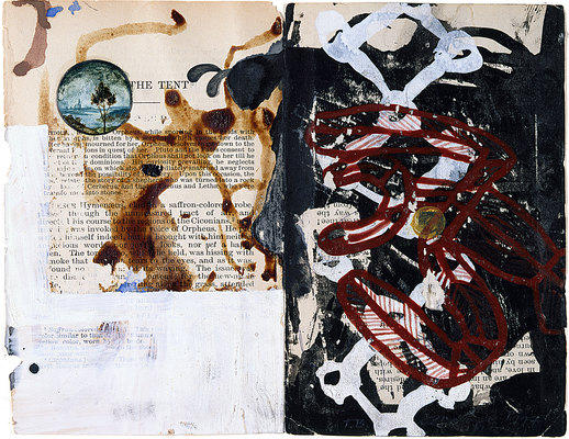 todd bartel Garden Studies blood, ink, shoe polish, gesso and acrylic on two pages from Ovid’s “Metamorphosis”