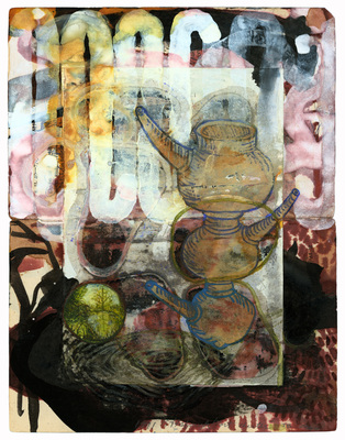 todd bartel Garden Studies ink, gesso, carbon transfer, acrylic, and watercolor on two pages from Ovid’s Metamorphosis”