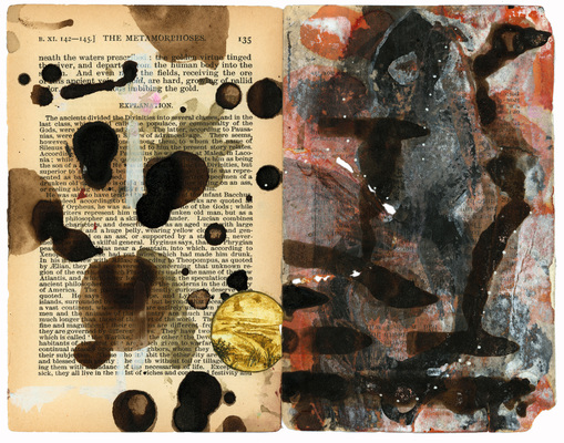 todd bartel Garden Studies ink, gesso, shoe polish, acrylic, pencil and water color on two pages from Ovid’s Metamorphosis”