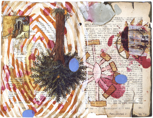 todd bartel Garden Studies ink, gesso, acrylic, tempera and water color on two pages from Ovid’s “Metamorphosis”