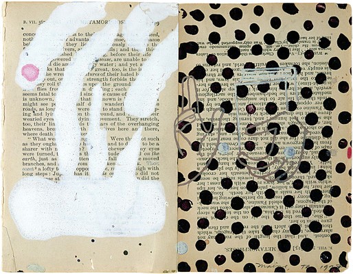 todd bartel Select Drawings ink, shoe polish, gesso and water color on two pages from Ovid’s “Metamorphosis”