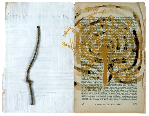 todd bartel Select Drawings blood, Plaka, gesso and string on two pages from Ovid’s “Metamorphosis”