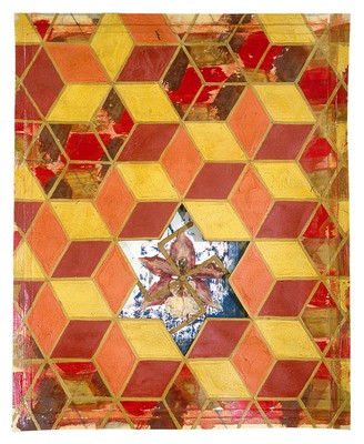 todd bartel Book of Origins 1990-91 tempera, glue wash, watercolor, Plaka, pressed orchid, masking tape on paper