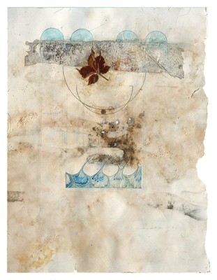 todd bartel Collages 1984-85 (Rome) distressed paper, marbled paper, leaf, watercolor and pencil on back of page from a Florentine book (Book of Kings c. 1900)
