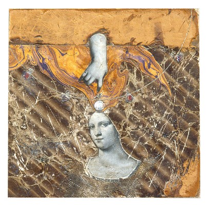 todd bartel Collages 1984-85 (Rome) book cutouts, marbled paper, pencil, gouache, enamel and burlap on book board with leather
