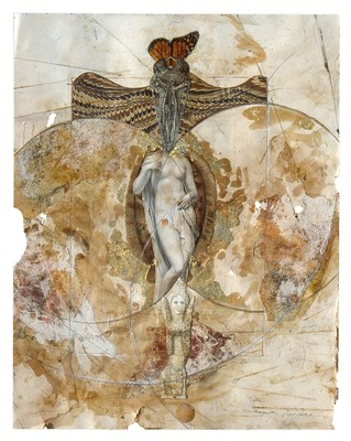 todd bartel Collages 1984-85 (Rome) cutout bookplates, aged magazine page, gouache, watercolor, graphite, gold leaf, marbled paper, on back of page from a Florentine book (Book of Kings c. 1900)