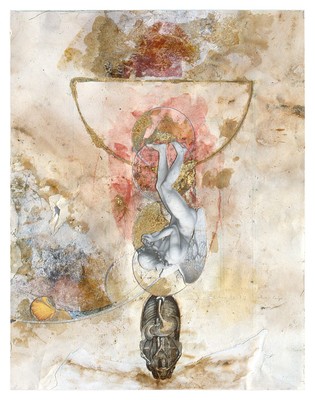 todd bartel Collages 1984-85 (Rome) cutout bookplates, aged magazine page, gouache, watercolor, graphite, gold leaf, marbled paper, on back of page from a Florentine book (Book of Kings c. 1900)