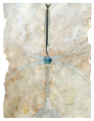 todd bartel Collages 1984-85 (Rome) cutout book engravings, marbled paper, watercolor and pencil on back of page from a Florentine book (Book of Kings c. 1900)