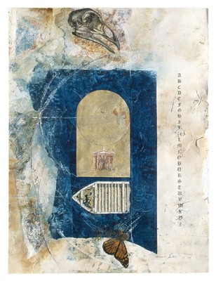 todd bartel Collages 1984-85 (Rome) cutout bookplates, aged magazine page, gouache, watercolor, graphite, carbon paper, Press Type, gold leaf, on back of page from a Florentine book (Book of Kings c. 1900)