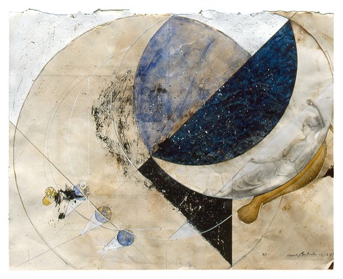 todd bartel Collages 1984-85 (Rome) cutout bookplates, glue wash, watercolor, wax, gold leaf, and pencil on back of page from a Florentine book (Book of Kings c. 1900)
