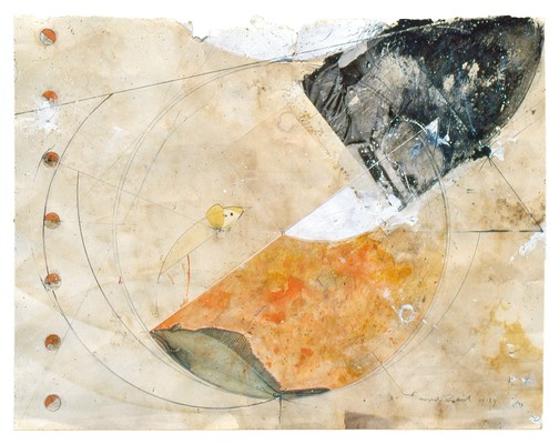 todd bartel Collages 1984-85 (Rome) cutout bookplates, magazine cutout, gouache, watercolor, gold leaf and pencil on back of page from a Florentine book (Book of Kings c. 1900)