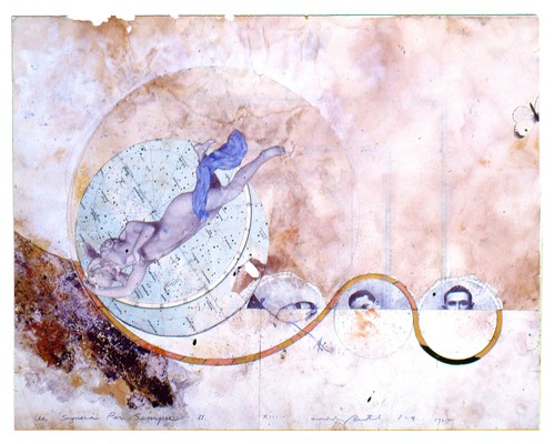 todd bartel Collages 1984-85 (Rome) cutout bookplates, glue wash, aged magazine page, watercolor, Odd Fellows Union yearbook cutouts, wax, gouache and pencil on back of page from a Florentine book (Book of Kings c. 1900)