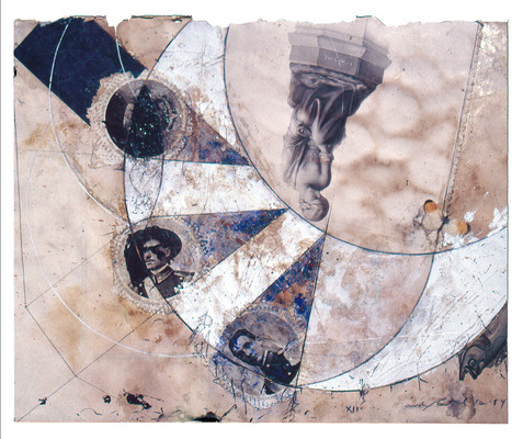 todd bartel Collages 1984-85 (Rome) cutout bookplates, glue wash, watercolor, Odd Fellows Union yearbook cutouts, wax, gouache and pencil on back of page from a Florentine book (Book of Kings c. 1900)