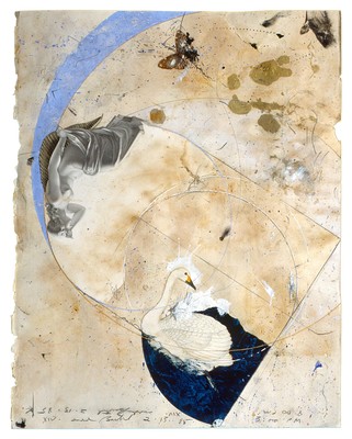 todd bartel Collages 1984-85 (Rome) cutout bookplates, glue wash, aged magazine page, watercolor, Odd Fellows Union yearbook cutouts, manipulated carbon paper, gold leaf, wax, gouache and pencil on back of page from a Florentine book (Book of Kings c. 1900)