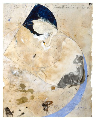 todd bartel Collages 1984-85 (Rome) cutout bookplates, glue wash, aged magazine page, watercolor, Odd Fellows Union yearbook cutouts, manipulated carbon paper, gold leaf, wax, gouache and pencil on back of page from a Florentine book (Book of Kings c. 1900)