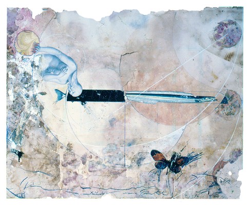 todd bartel Collages 1984-85 (Rome) cutout bookplates, aged magazine page remnant, glue wash, gouache, watercolor, pressed flower, Italian letter remnant (c. 1880) and pencil on back of page from a Florentine book (Book of Kings c. 1900)