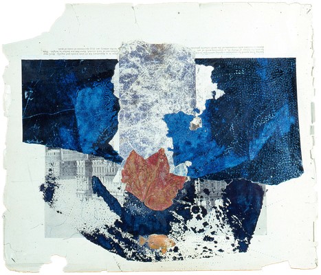 todd bartel Collages 1983-1984 carbon paper, carbon paper transfer, pencil, Elmer's glue, book cutout, aged magazine page, pressed leaf on Odd Fellows Union yearbook page (c. 1930)