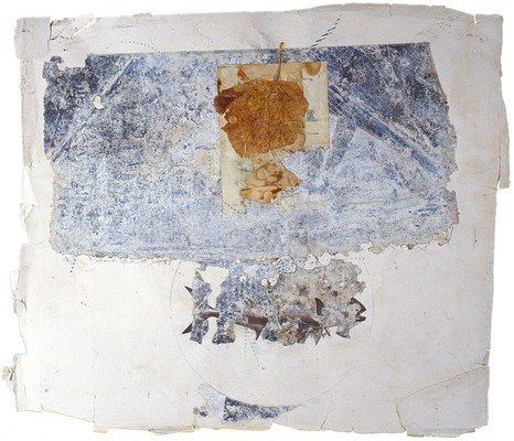 todd bartel Collages 1983-1984 carbon transfer, pencil, Elmer's glue, book cutout, aged magazine page, pressed leaf on Odd Fellows Union yearbook page (c. 1930)