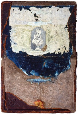 todd bartel Collages 1983-1984 carbon paper, pressed rose and leaf, book cutouts, aged magazine page and map cutouts on bookbinding board from Milton's Paradise Lost with remnant leather covering