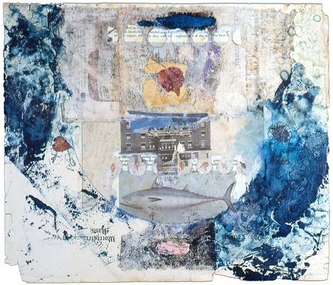 todd bartel Collages 1983-1984 carbon copy transfer, pencil, Elmer's glue, wax, book cutouts, aged magazine page, pressed leaves and paint chips on Odd Fellows Union yearbook page (c. 1930)